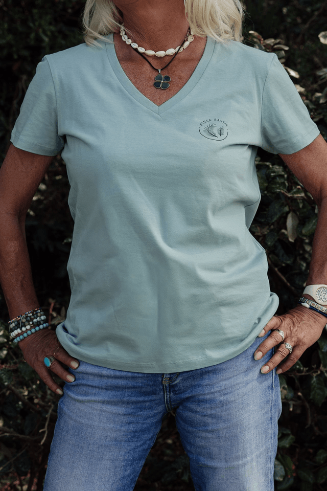 CABANES - T-SHIRT COL V VERT JADE