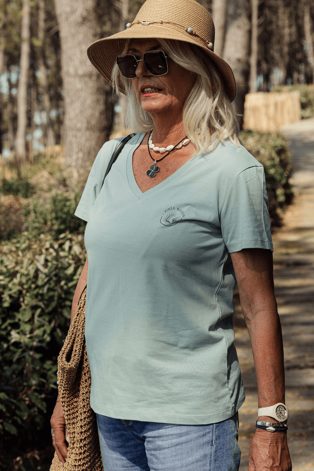 CABANES - T-SHIRT COL V VERT JADE